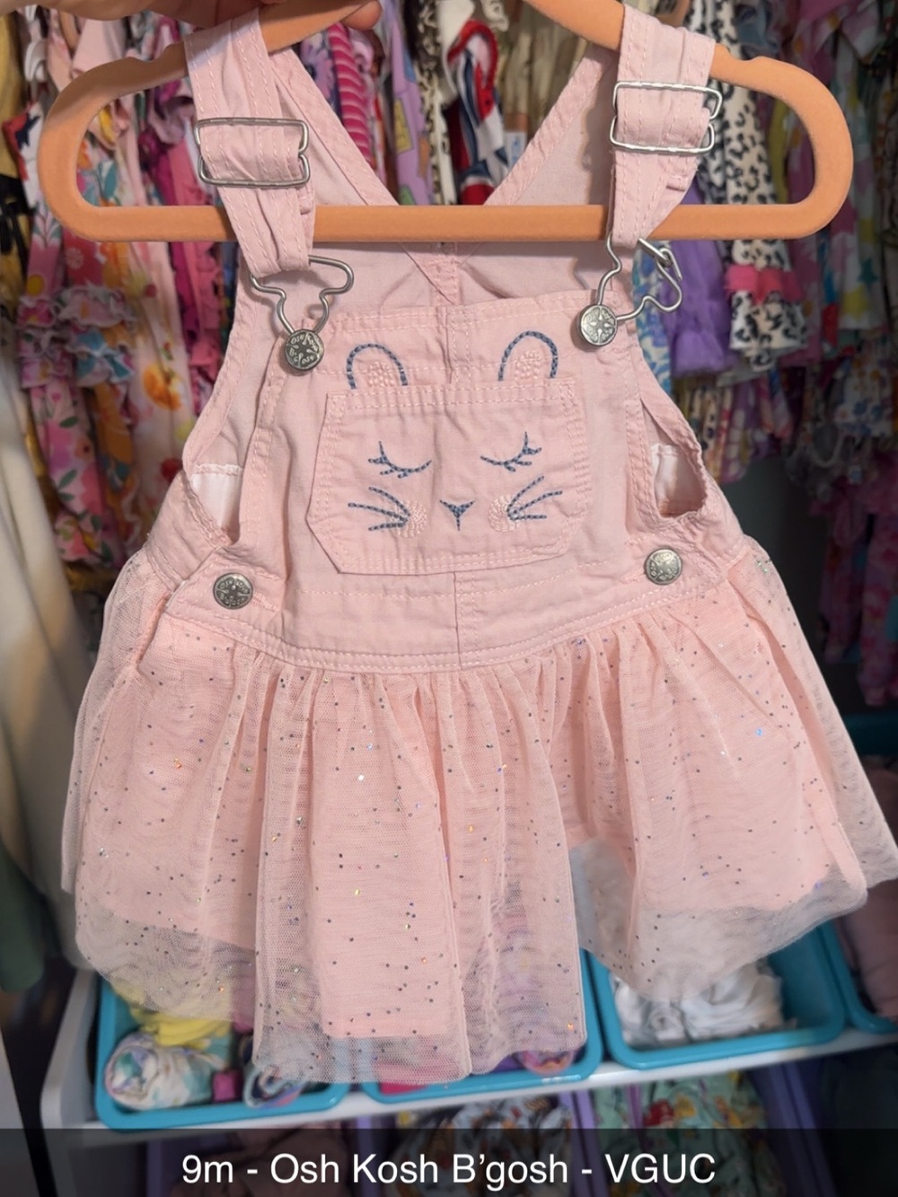 OshKosh B'gosh Light Pink Sparkle Tulle Overall Bunny Dress - 9m worn once